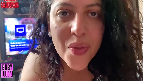 Amateur brunette in red stockings gives me a hand job