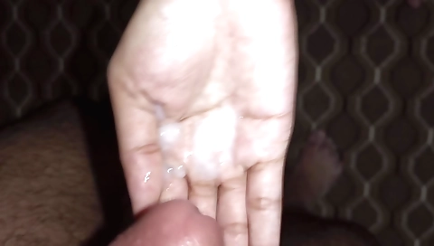 Handful of cum in hand in the missionary position pov