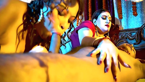 Big ass brunette with big tits gives a hard three way fuck