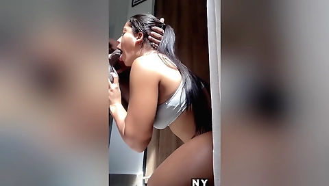 Beautiful brunette gets her face covered with semen