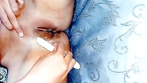 Shaving hairy indian girlfriend's pussy and armpits